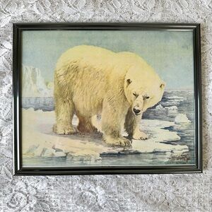 Vintage Silver Tone Framed Polar Bear Decor 8x10